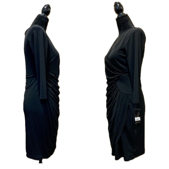 NOS Black Faux Wrap Dress Size Small Thalia Sodi 3/4 Length Sleeves V Neck - Picture 2 of 16